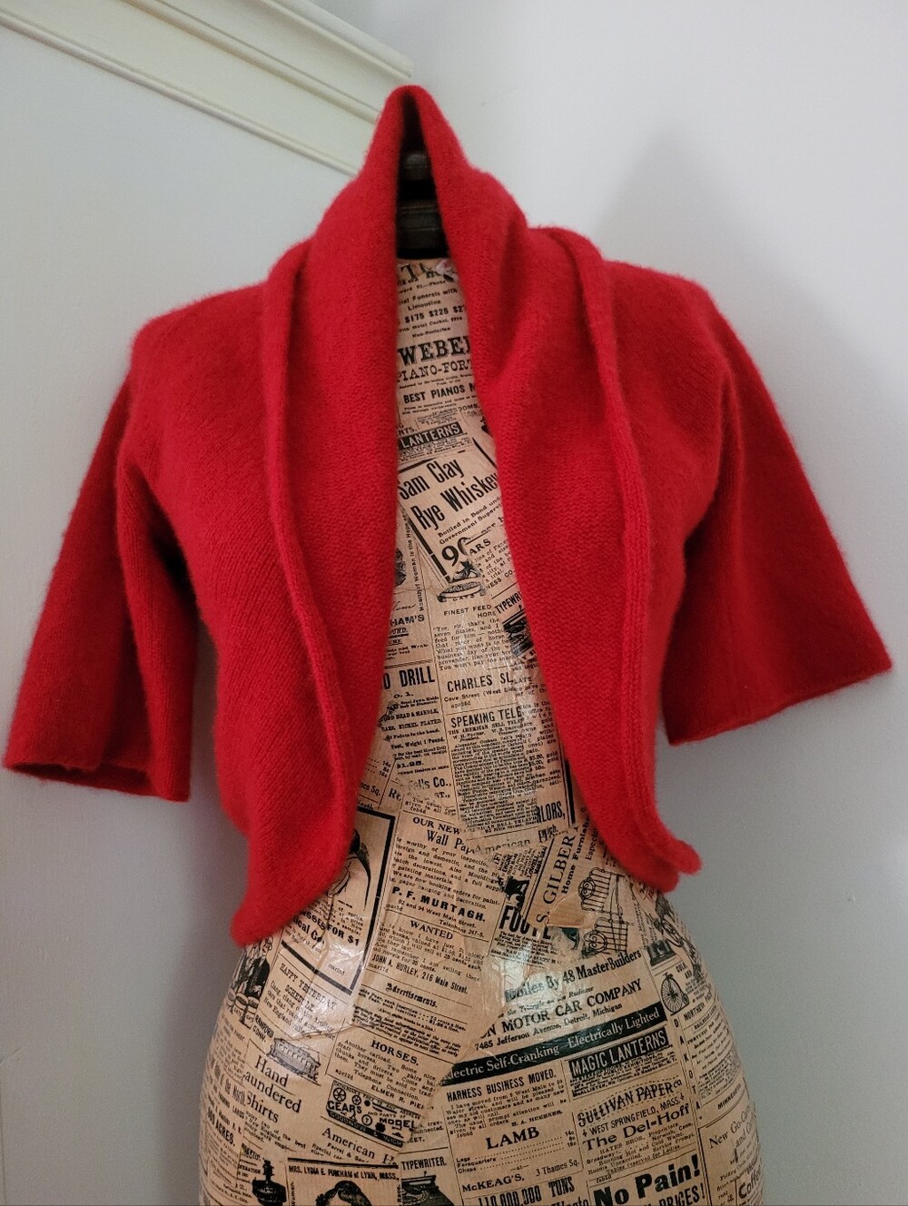 Neiman Marcus Cashmere Red Short Sleeve Open Shrug Cardigan